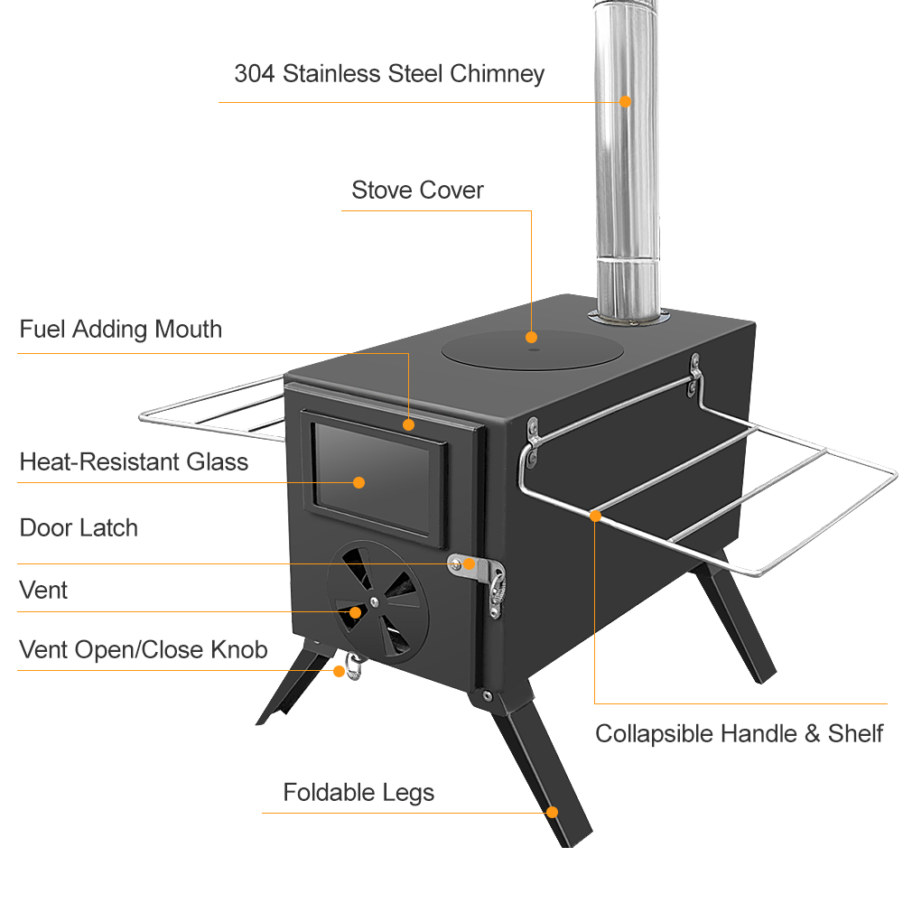 Portable Foldable Wood Burning Stove Camp Tent Stove with Chimney Pipe Firewood Stoves for Camoing Tent Shelter Heating Cooking