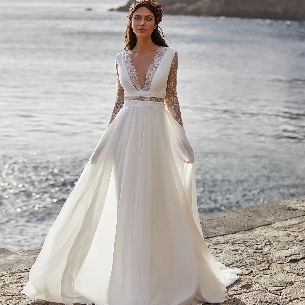 Bohemian Wedding Dress 2024 Long Sleeve V-Neck Floor Length Chiffon A-Line Lace Back Bridal Gowns With Belt Charming