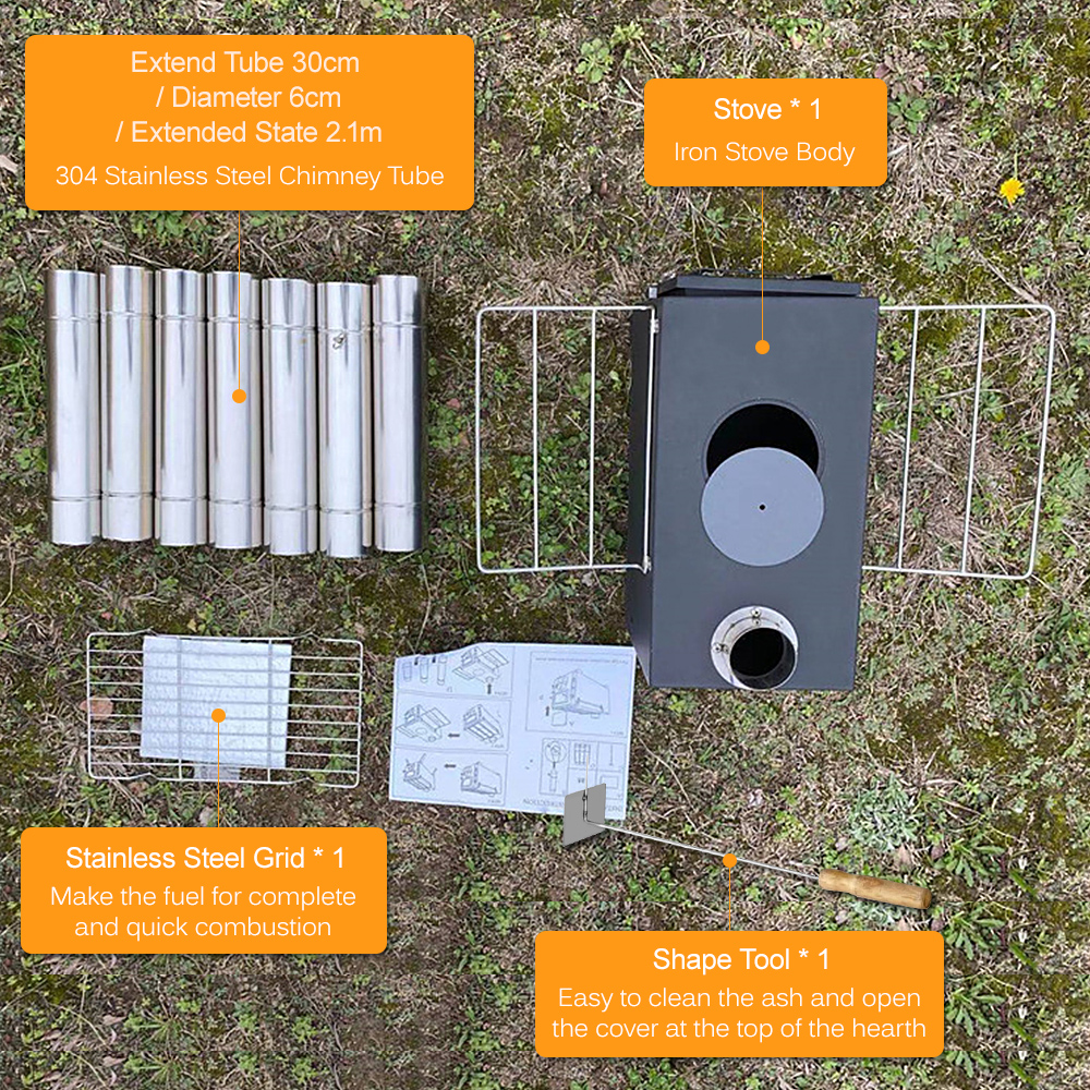 Portable Foldable Wood Burning Stove Camp Tent Stove with Chimney Pipe Firewood Stoves for Camoing Tent Shelter Heating Cooking