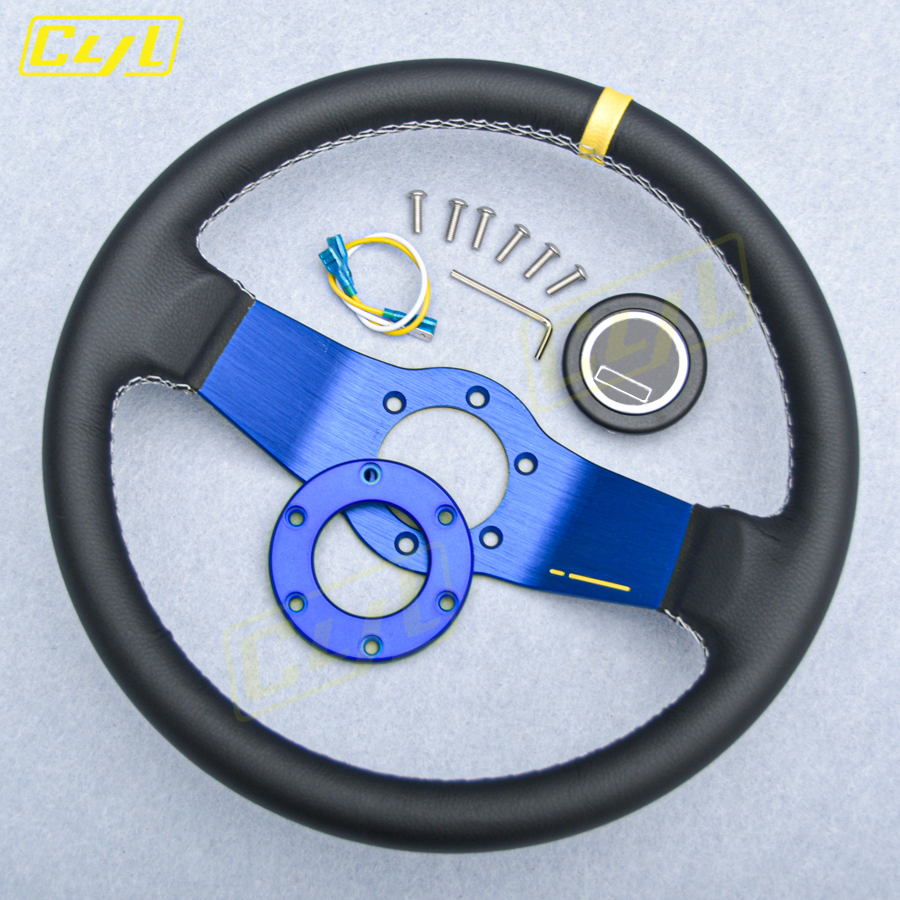 JDM Universal 13inch 2 Spoke SP Steering Wheel Deep Dish Leather Racing Sports Steering Wheel Blue Spoke