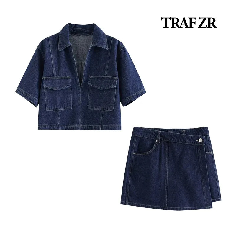 TRAF ZR Demin 2 Piece Short Sets Women Vacation Outfits Summer Y2k Vintage Womens Spring Suits Loungwear Set Tracksuit 240517