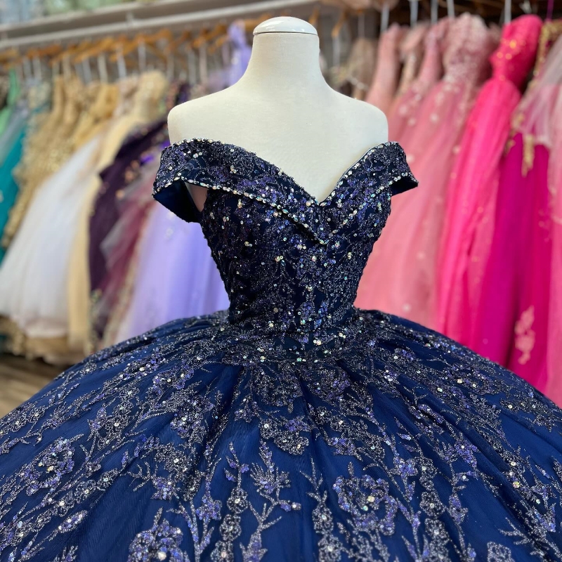 Navy Blue Princess Off The Shoulder Quinceanera Dresses Beads Crystal Ball Gown Part Prom Wear Lace Up Sweet 16 Vestidos 15 De XV Anos 0220