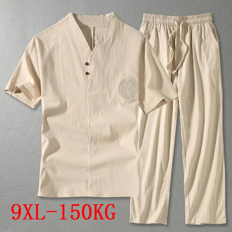 Mens Clothing Large Size Home Husband Summer Suit Linen tshirt Fashion Male Set Chinese Style 8XL 9XL plus Two Pieces 240518