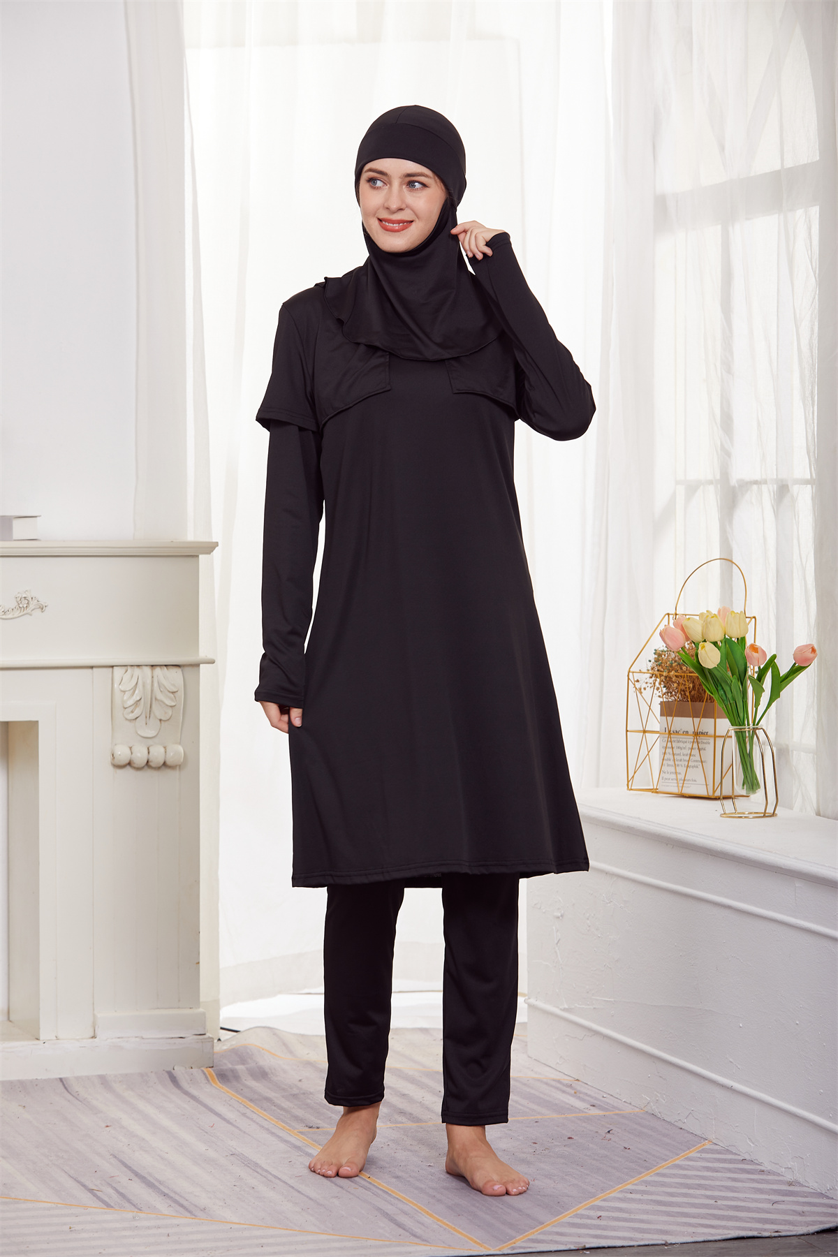 3 Pieces Sets Women Muslim Islamic Black Bathing Burkinis Sets Arab Modest Full Cover Tops Pants Swimwear Swimsuit Beachwear