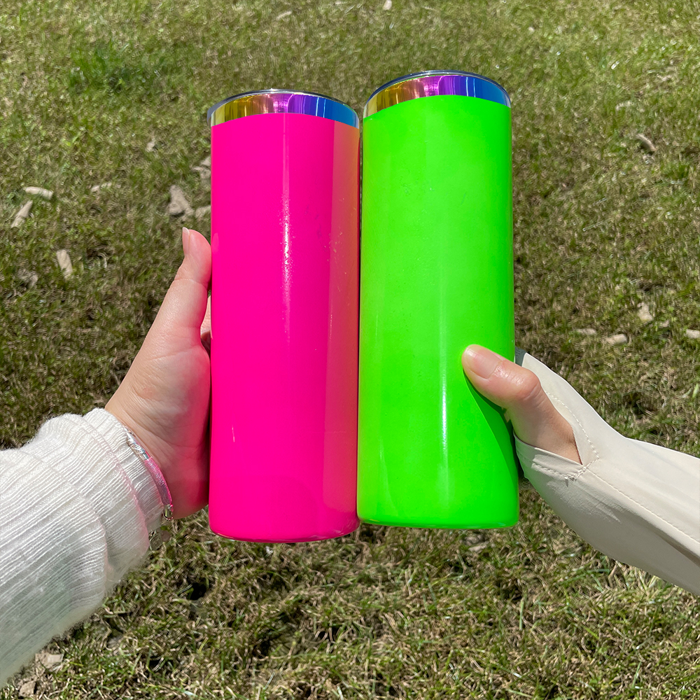 Neon colored 25pack 20oz rainbow underneath stainless steel skinny straight tumbler vacuum insulated mug with colored straw for laser engrave