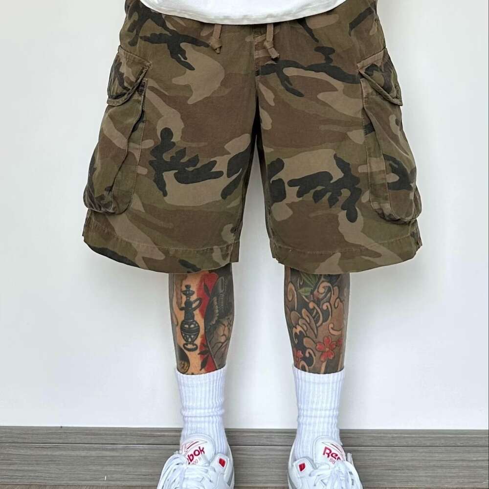 Trendy Shangton men's summer drawstring all cotton capris fashionable work clothes with multiple pockets, washed camouflage short M522 31 ddmymar