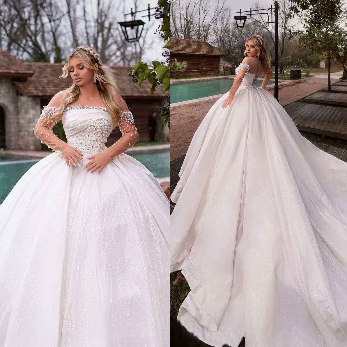 Beaded Arabic Exquisite Wedding Dresses Ball Gown Off the Shoulder Lace Bridal Dress Illusion Long Sleeve Custom Made Gowns