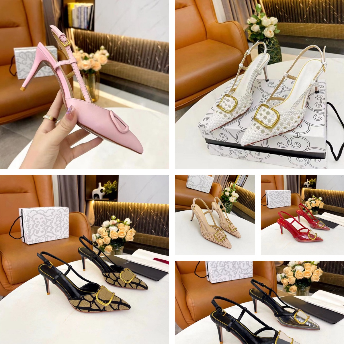 Designer Womens Heeled Sandals Fashion Leather Metal V Buckle Pointed Toe Sexy Party Shoes Slim High Heels Buckle Summer Slippers Matte Classic B