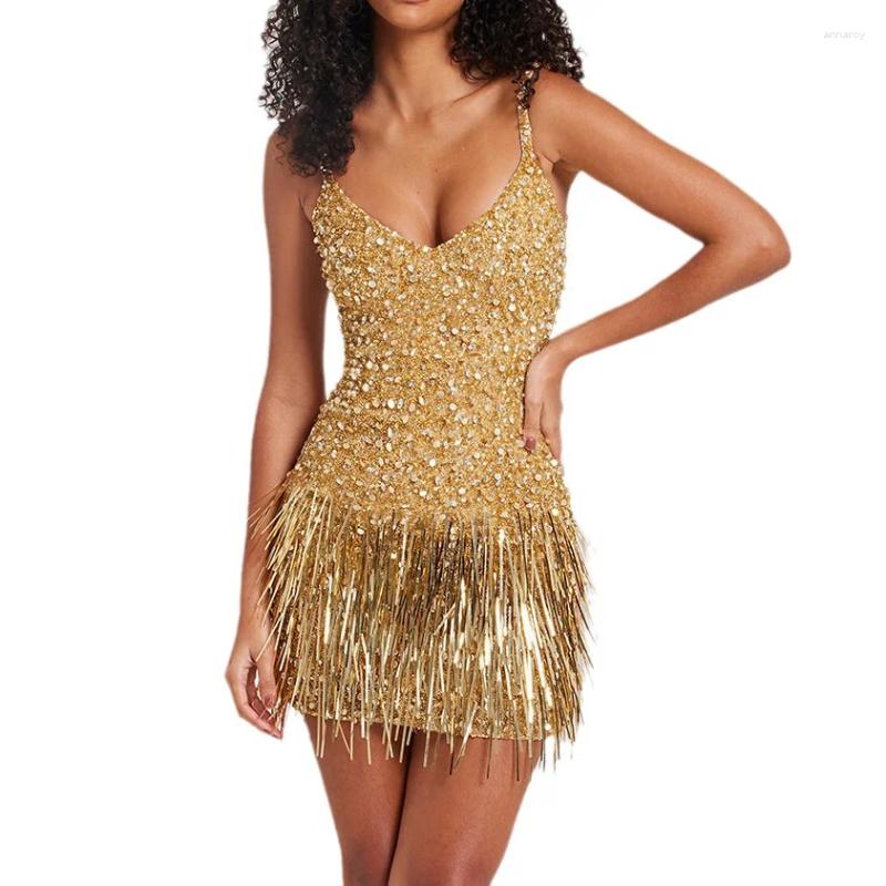 Casual Dresses 2024 Fashion Sexy V-Neck Sequined Tessel Mini Dress For Pary Women Spaghetti Strap Vintage Party Nightclub Evening