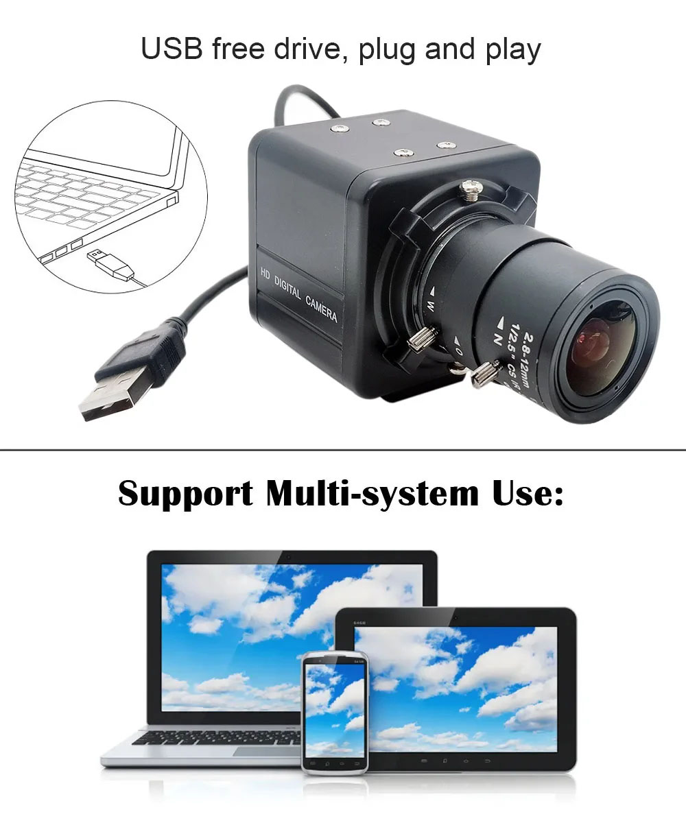 4K 8MP IMX415 CMOS USB Webcam 2K Full HD 30fps 4MP Industrial With CS 5-50mm Varifocal Lens UVC OTG Video Camera For Live Stream