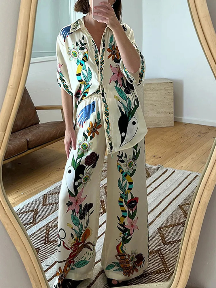 Fashion Satin Printed Pants 2 Piece Sets For Women Chic Lapel Long Sleeved Single Breasted Shirts Suits Vacation Female Outifts 240518