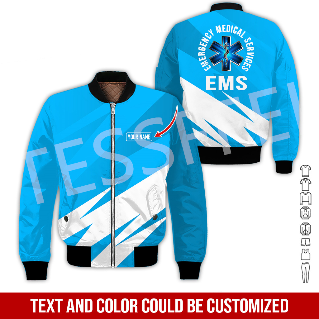 Custom Name Cosplay EMS EMT Medical Paramedic Worker Tattoo 3DPrint Streetwear Winter Windbreaker Warm Coat Bomber Jacket X4