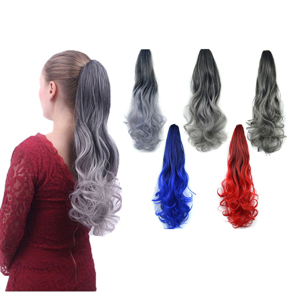 Ombre Grey Drawstring Ponytail Long Wavy Curly Overhead Ponytail Clip in Hair Extensions de cabello Natural Synthetic Hairpieces