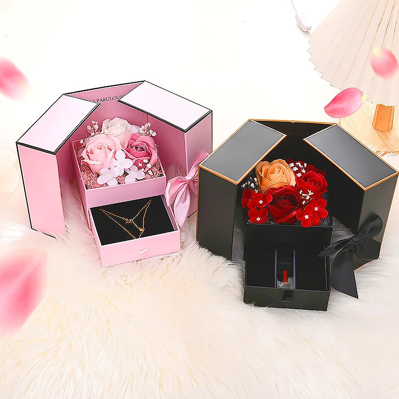 Rose Gift Box Flower Jewelry Box for Valentines Day Wedding Anniversary Gift Packaging Box Romantic Double-door Cardboard Case 240522