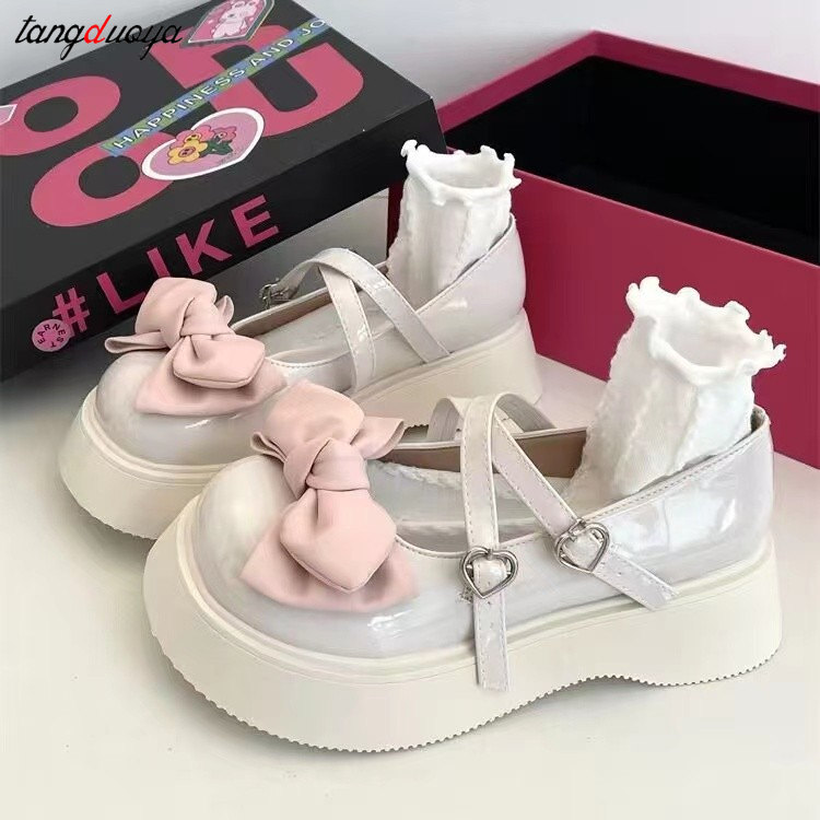 Kawaii Lace Bowknot White Lolita Shoes Women 2023 Heart Buckle Platform Mary Janes Woman Japanese Style Patent Leather Jk Shoes