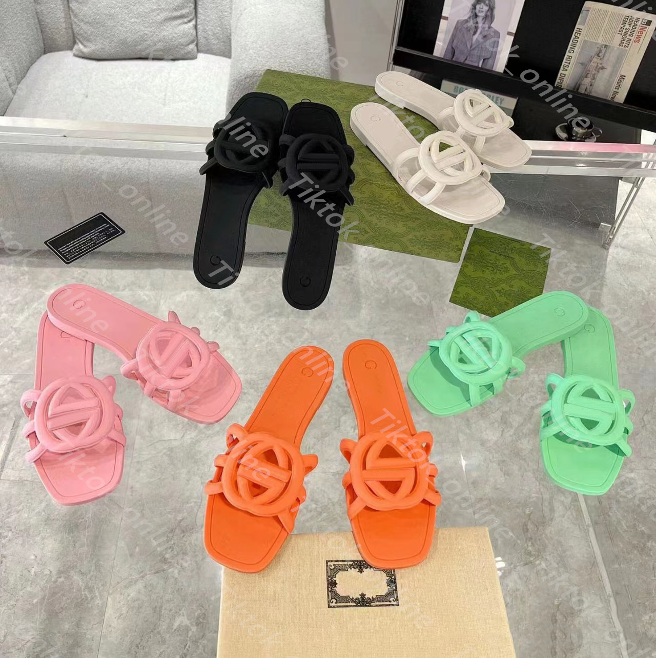 Designer Sandals Women Interlocking G Slides Rubber Slippers Ladies Flat Beach Jelly Script Orange Summer Fall Mules Outdoor Waterproof Luxury