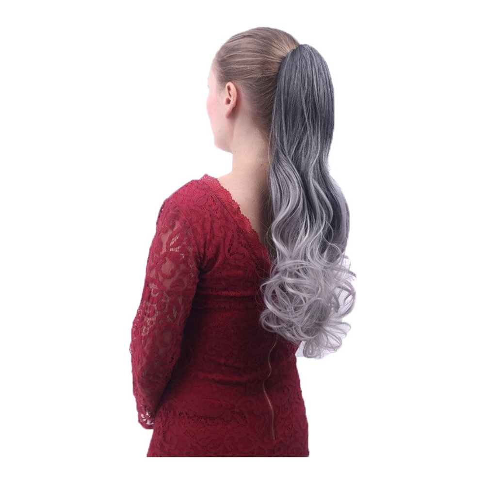 Ombre Grey Drawstring Ponytail Long Wavy Curly Overhead Ponytail Clip in Hair Extensions de cabello Natural Synthetic Hairpieces