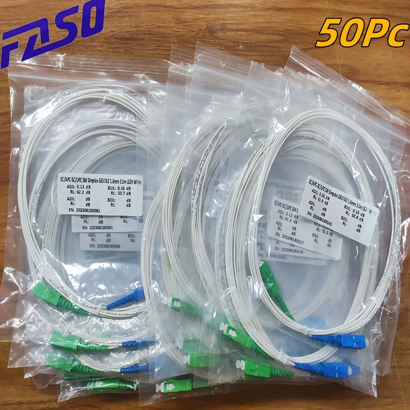 FASO 50Pcs 3.5Meter SC/APC-SC/UPC Single Mode G657A2 Simplex 1.6mm Diameter Cable Fiber Optic Patch Cord LSZH White