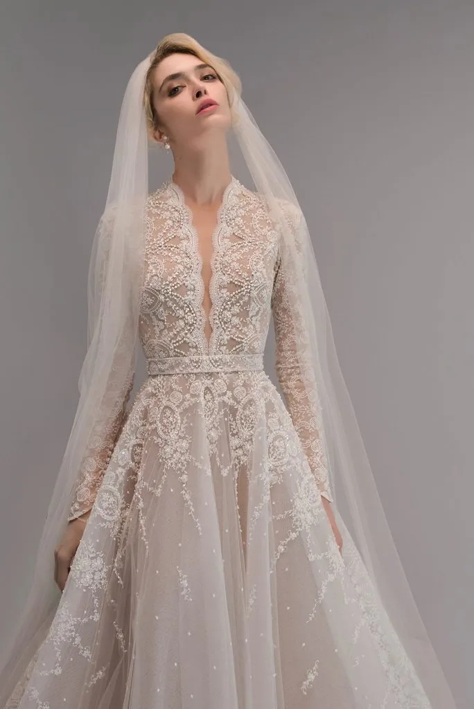 Ersa Atelier 2024 Wedding Dresses A E V Neck Long Sleeve Lace Beaded Appliqued Bridal Gowns Robe De Mariee 6660312