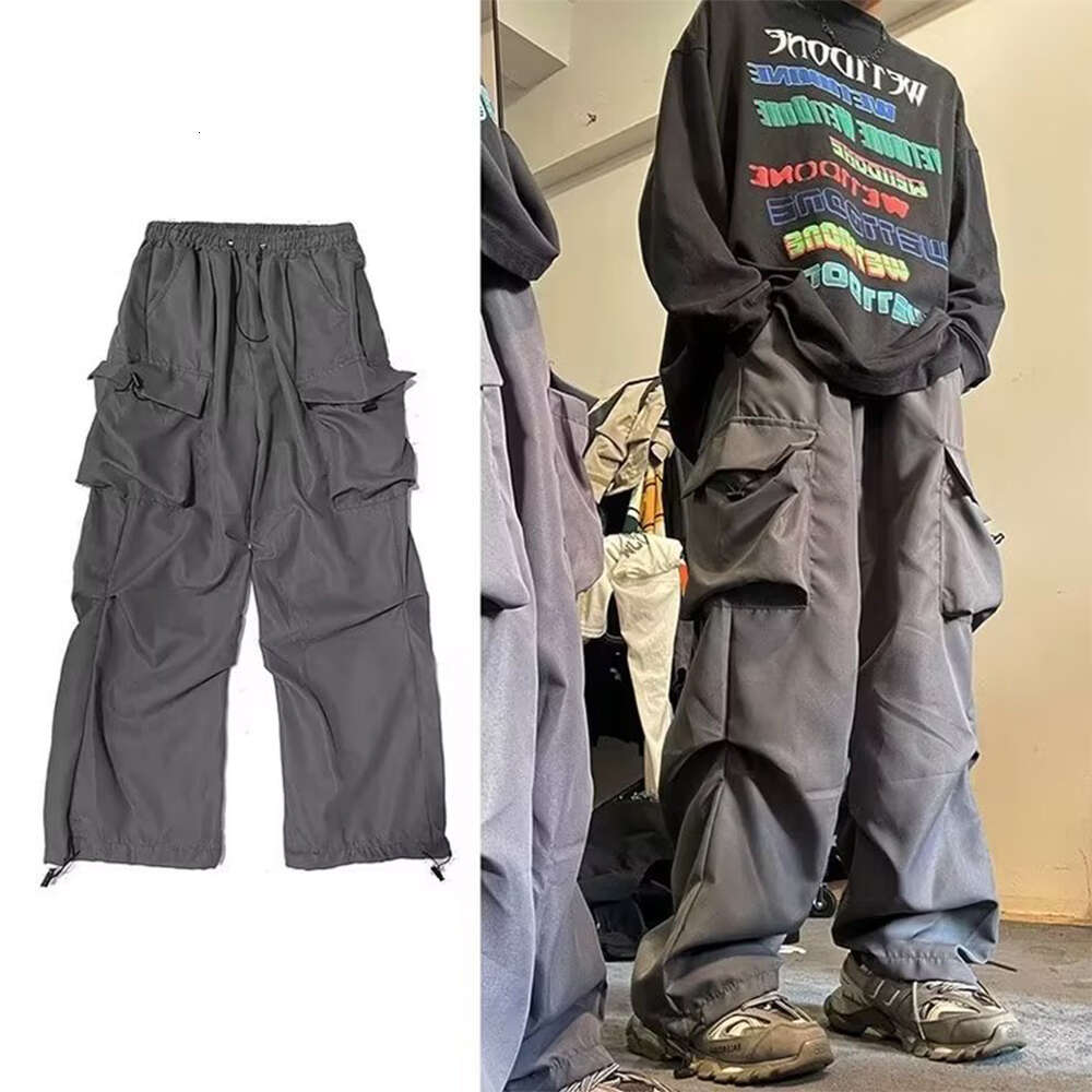 HOUZHOU Black Pants for Men Gray Cargo Trousers Male Red Spring Cotton Loose Casual Streetwear Hip Hop Pocket M522 39