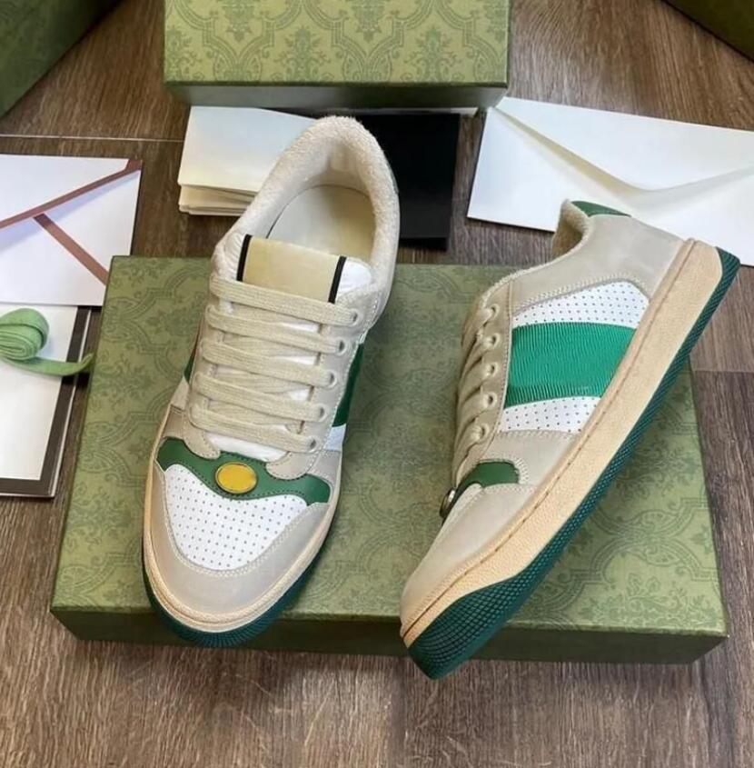 Top Quality Designer Dirty Leather Shoes Luxury Retro Green White Casual Flat Sneakers Couple Autumn Winter Leather Patchwork Outdoor Shoes B22