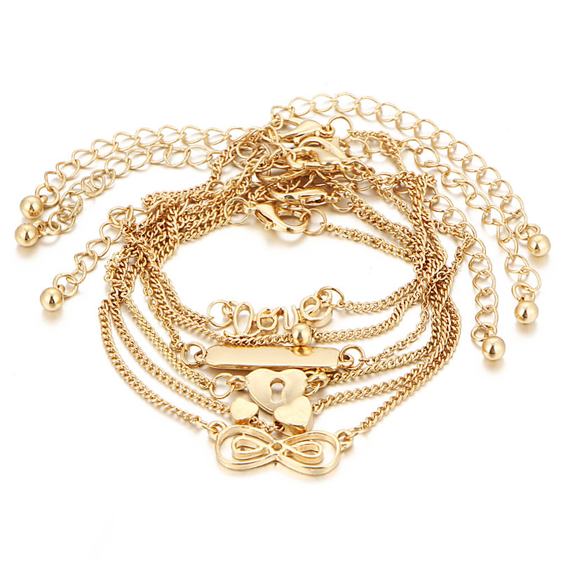 6PCS Ankle Bracelet Set Bohemian Gold Color Chains Infinity Double Heart Love Lock Bracelets For Women Anklet Foot Leg Jewelry