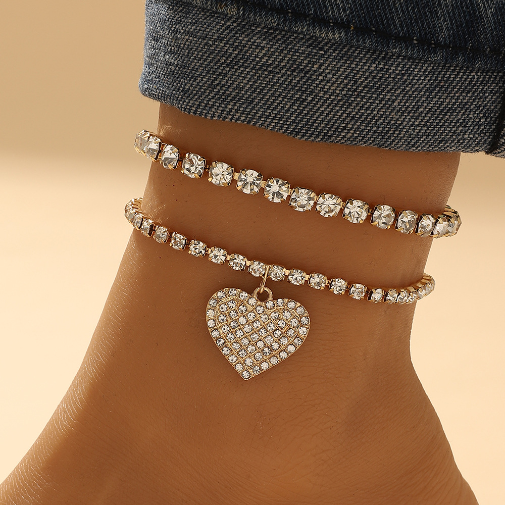 Two Piece Set Heart Crystal Anklet Beach Charms Ankle Bracelet Halhal Jewellery Anklets For Women Indian Jewelry Foot Bracelet