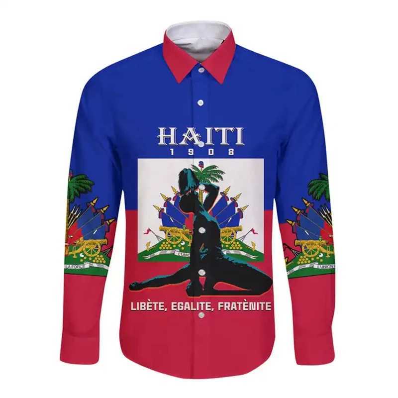 Men's Casual Shirts Mens Shirt Haiti Flag Caribbean Sea Haiti Retro Vintage Tattoo 3D Printed Strtwear Harajuku Casual Men Shirts Long Slve Top T