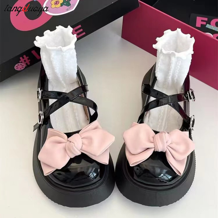 Kawaii Lace Bowknot White Lolita Shoes Women 2023 Heart Buckle Platform Mary Janes Woman Japanese Style Patent Leather Jk Shoes