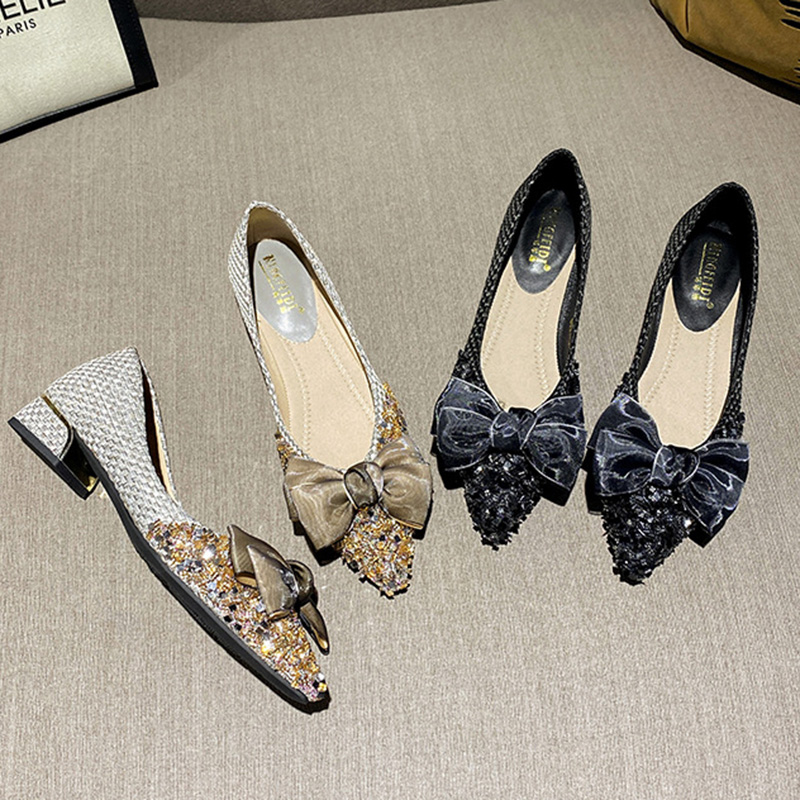 2024 New Elegant Woman Pointed Toe Casual Bowknot Thick Heels 4cm High Heel Bling Rhinestone Sequins Female Mary Jane Shoes