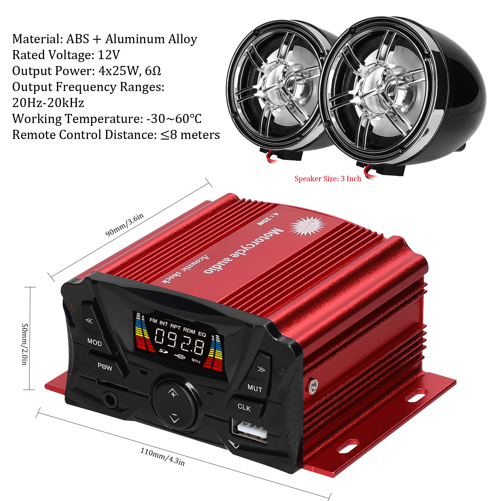 Bluetooth Motorcycle Stereo Speaker Anti-Theft Alarm System MP3 Player TF AUX FM Radio USB Motorcycle Audio Sound System