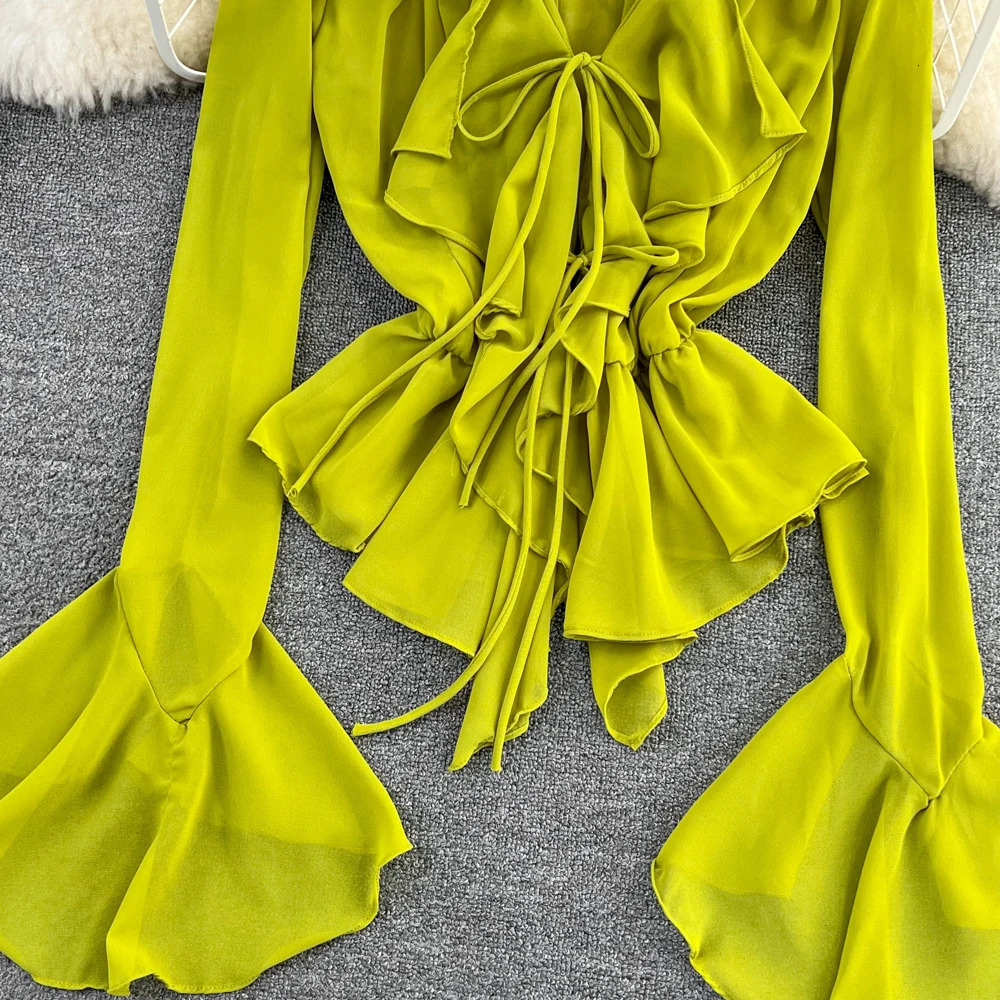 Mesh Tie Up Crop Tops Women Long Flare Sleeve V Neck Ruffle Tops and Blouse Summer See Through Sexy Casual Shirts Female 240518