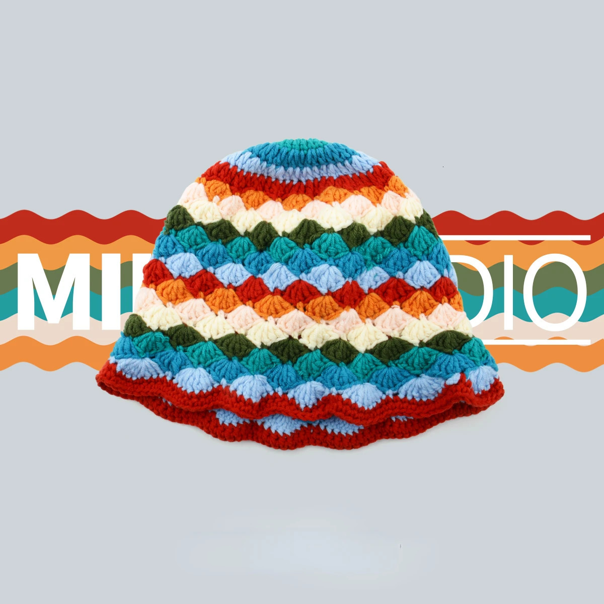 Cute Dopamine Wind Japanese Handmade Crochet Knitted Bucket Hat Rainbow Rhombus Plaid Wool Bucket Winter Basin Hat Bucket Hat 240507