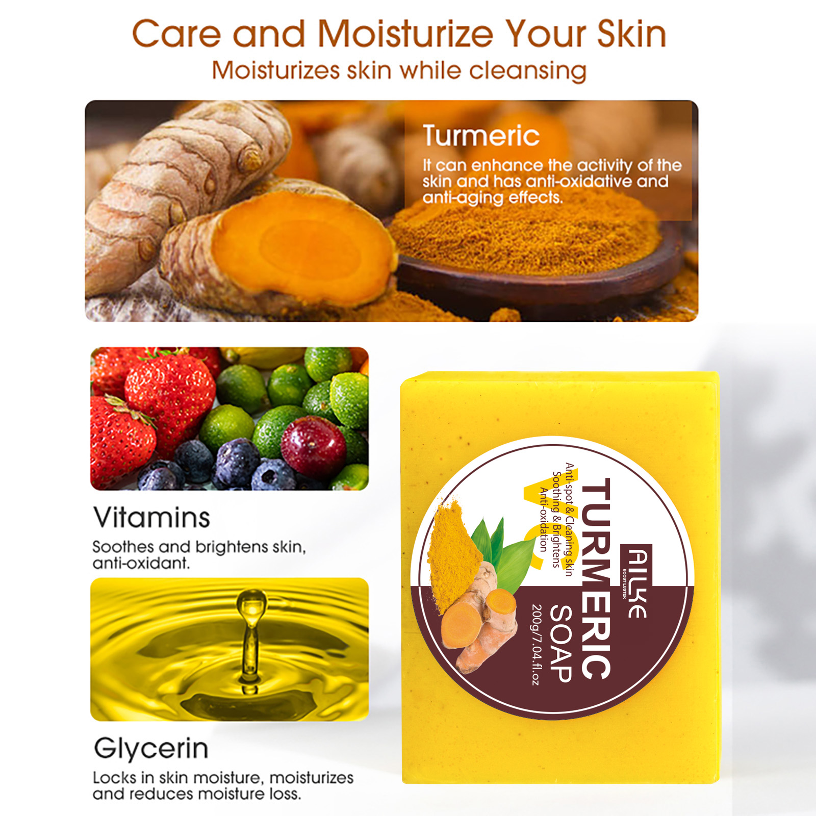AILKE Turmeric Soap, Whiten, Remove Acne, Oil Control, Brightening, Clean Skin, Deeply Exfoliates, Even Skin Tone