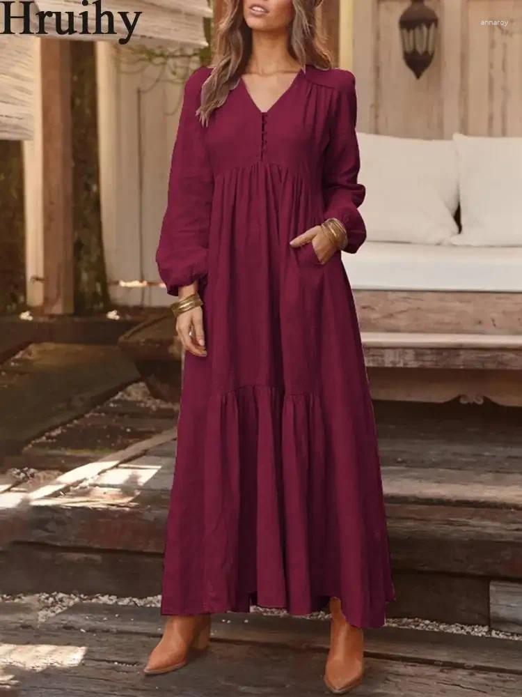 Casual Dresses Dress For Women 2024 Spring Fall V Neck A Line Long Sleeve Clothing Female Plus Size Solid Elegant Cotton Linen