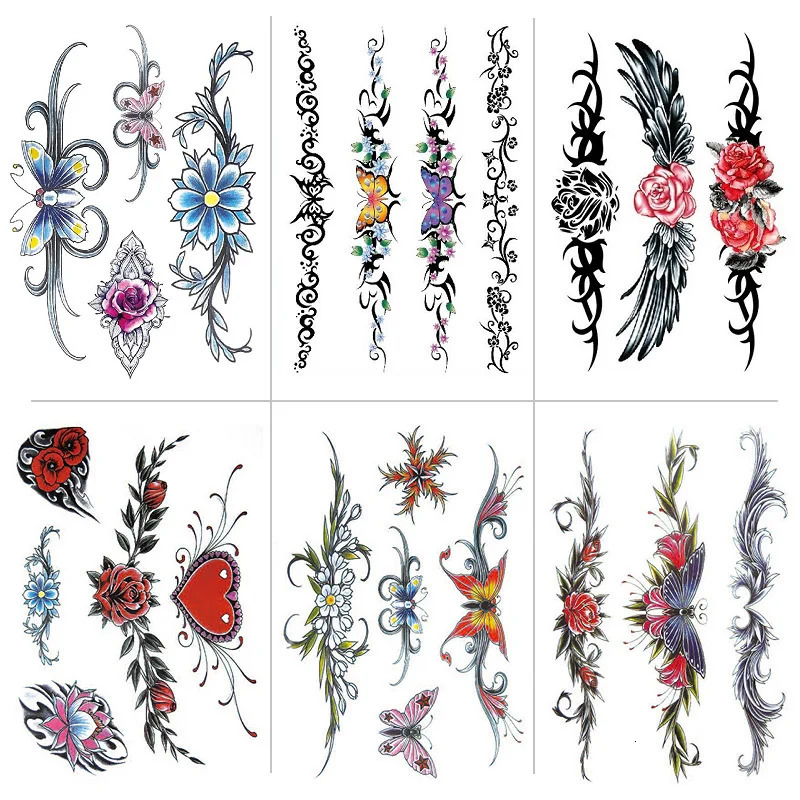 Sexy Temporary Tattoos For Women Girl Tattoo Kit Realistic Flower Butterflies Abdomen Chest Waist Back Apply False 240521