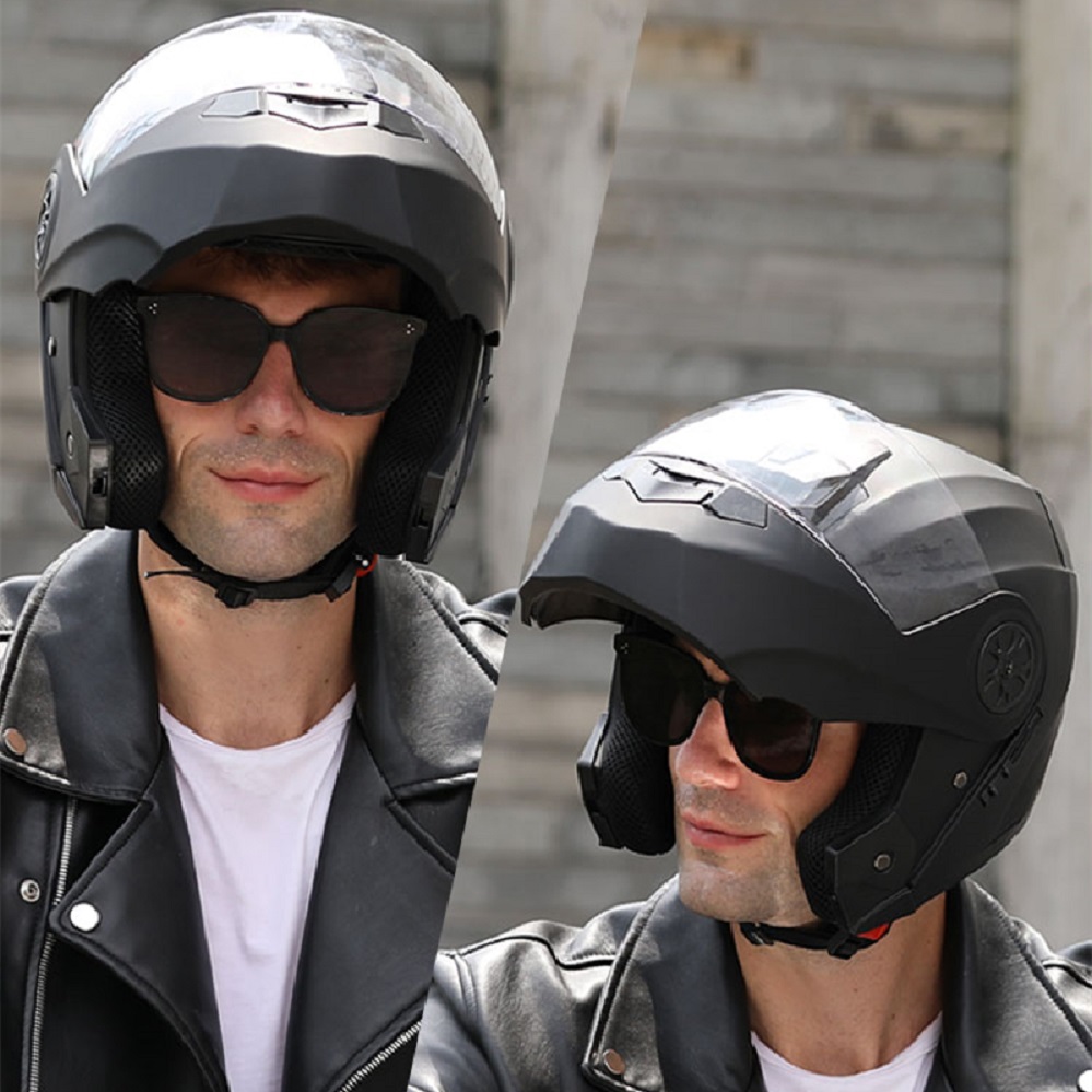 Matte Black Motorcycle Flip Up Full Face Helmet Bluetooth Motorbike Cascos Para Moto Capacetes DOT ECE Dual Visor Riding Kask