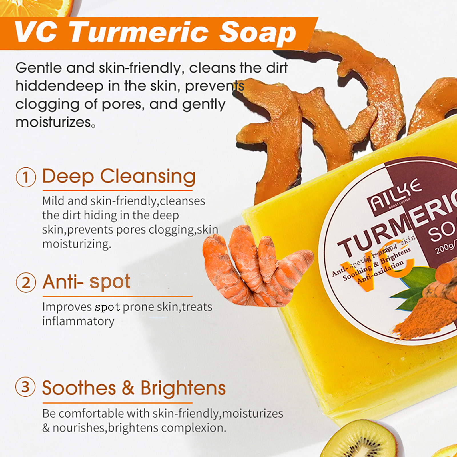 AILKE Turmeric Soap, Whiten, Remove Acne, Oil Control, Brightening, Clean Skin, Deeply Exfoliates, Even Skin Tone