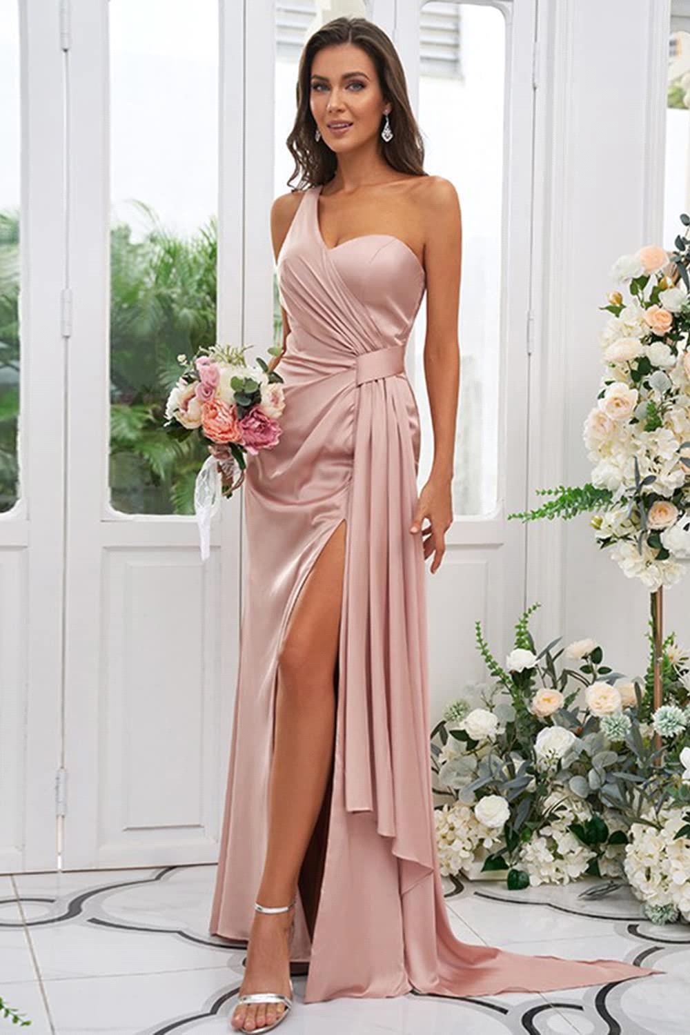Elegant Dusty Pink One Shoulder Bridesmaid Dresses Sexy Mermaid Split Corset Back Long Maid of Honor Gowns With Pleats BM3219