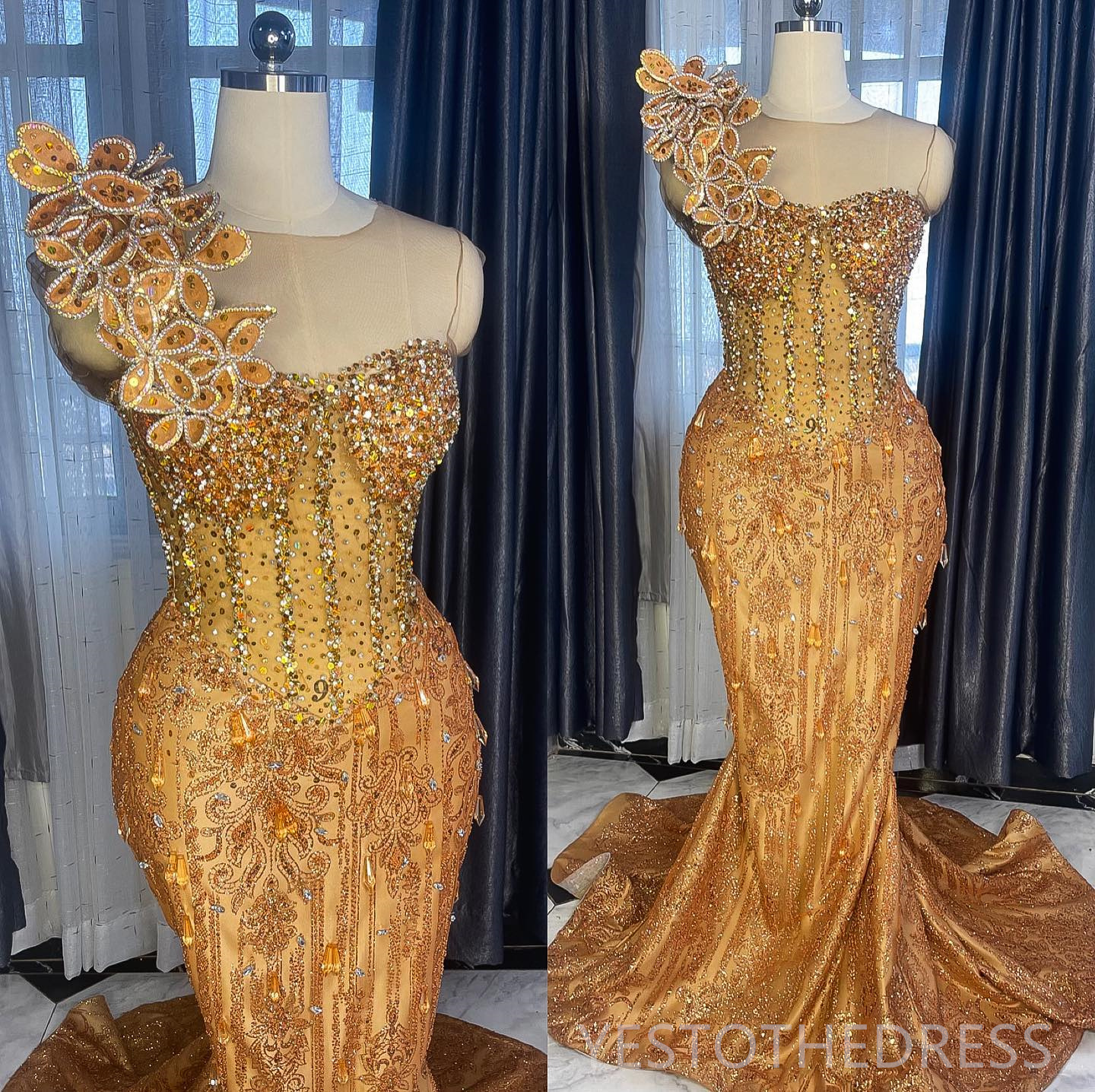 2024 Plus Size Gold Aso Ebi Prom Dresses for Black Women Promdress Mermaid Long Sleeves Appliqued Beaded Lace Crystals Birthday Dress Second Reception