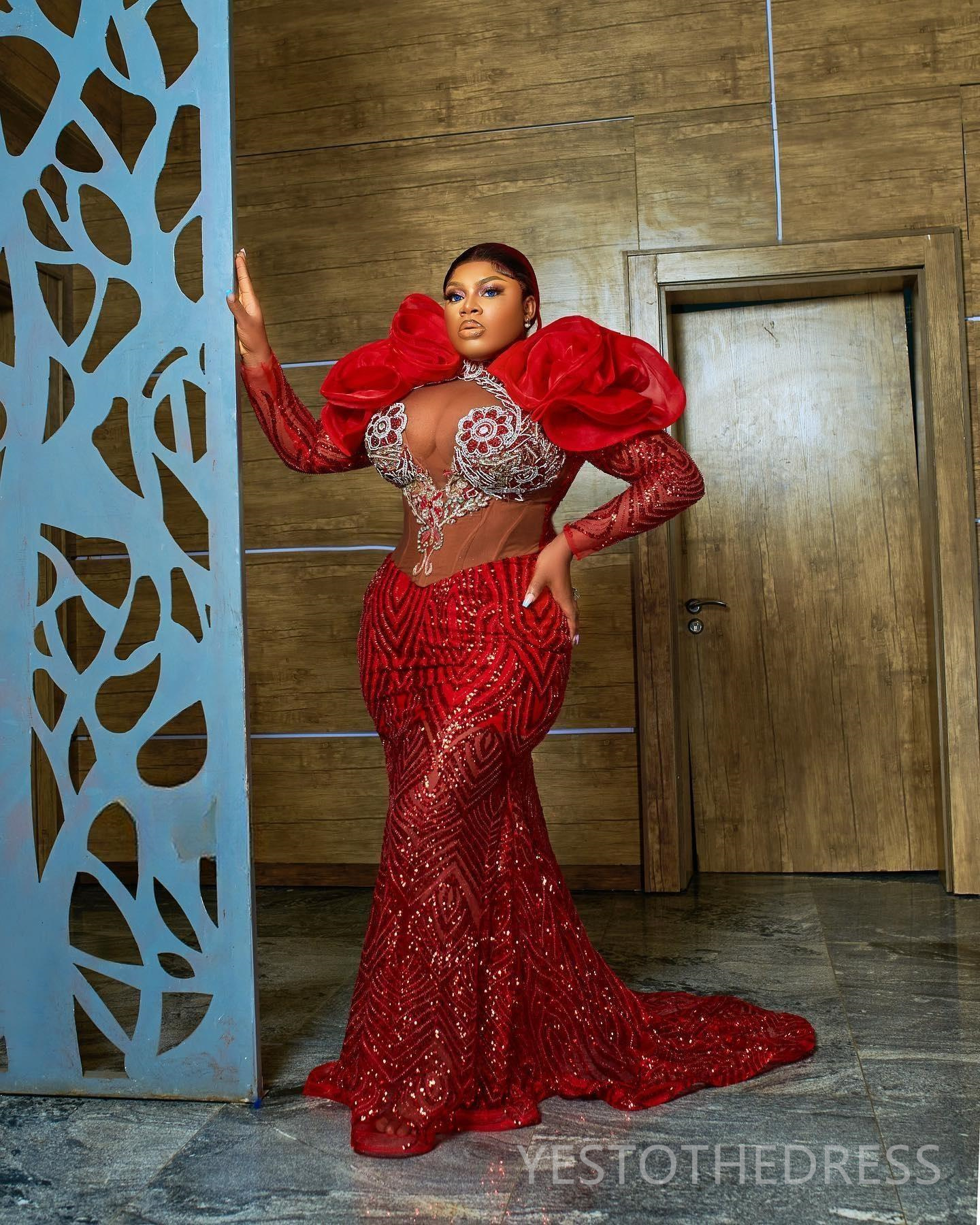 R&W 2024 Plus Size Aso Ebi Prom Dresses for Special Ocns Illusion Promdress Long Sleeves Mermaid Appliqued Beaded Lace Birthday Dress Second Reception