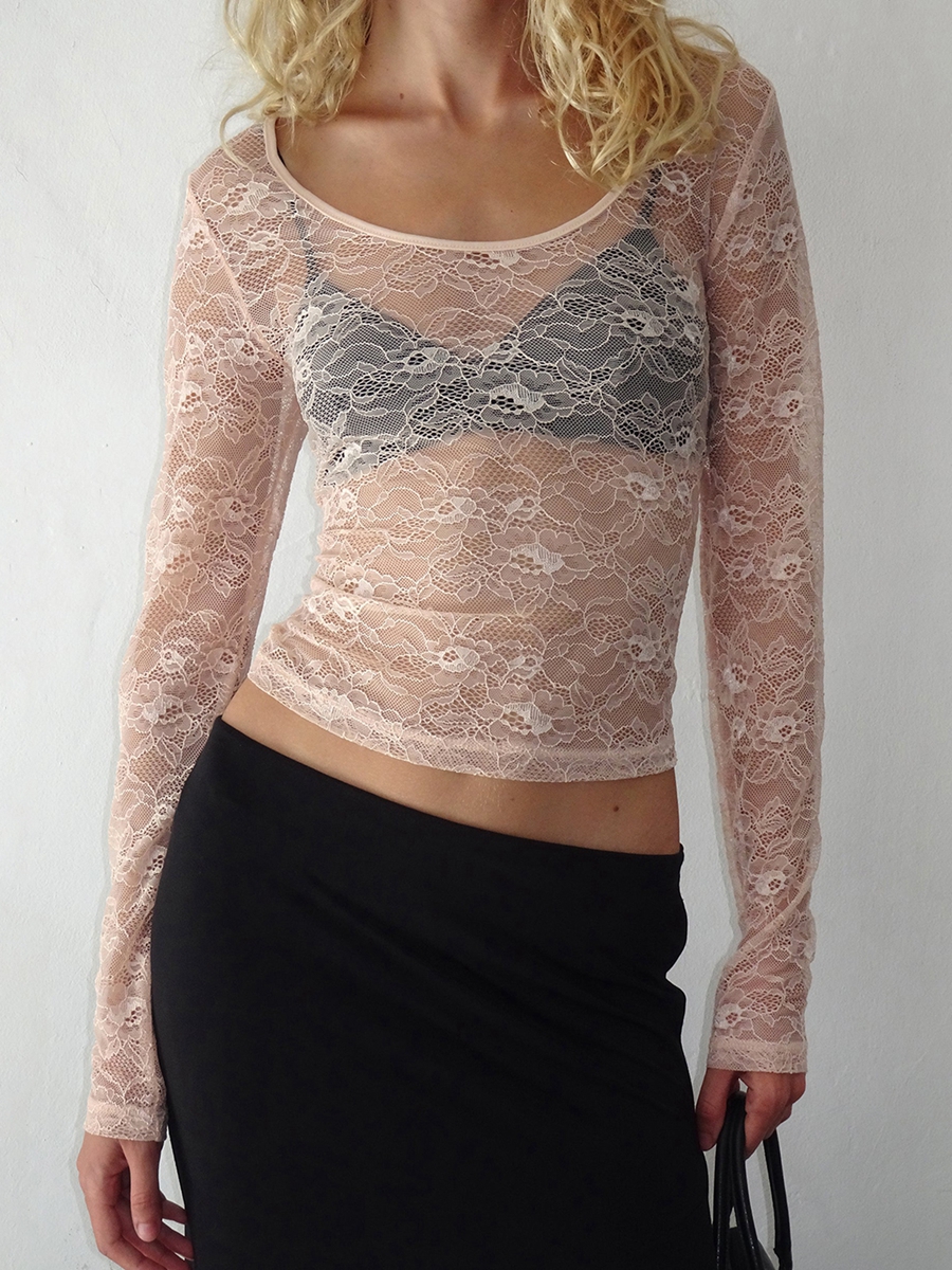 Women s Lace Tops Basic Long Sleeve Round Neck See-Though Slim Fit T-Shirts Dressy Blouses