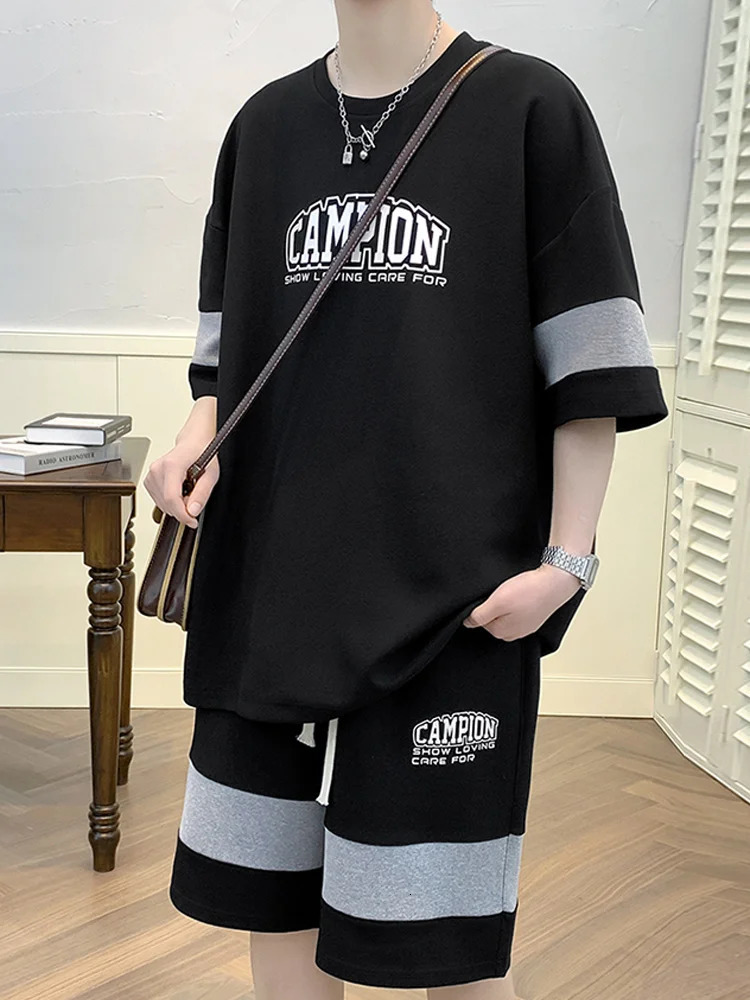 Waffle suit mens summer youth student short sleeved shorts high street trendy casual sports twopiece set 240518