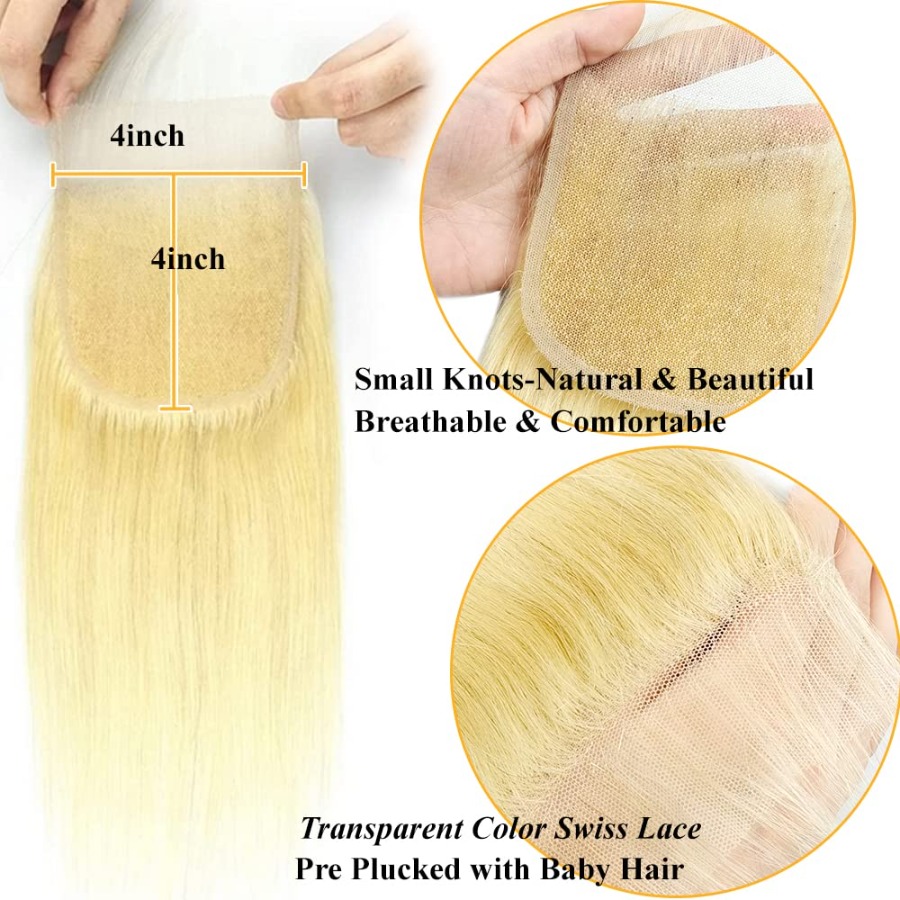 613 Honey Blonde 4x4 Lace Closure Straight Human Hair Closure Pre-Plucked Brazilian Virgin Hair Natural Hairline