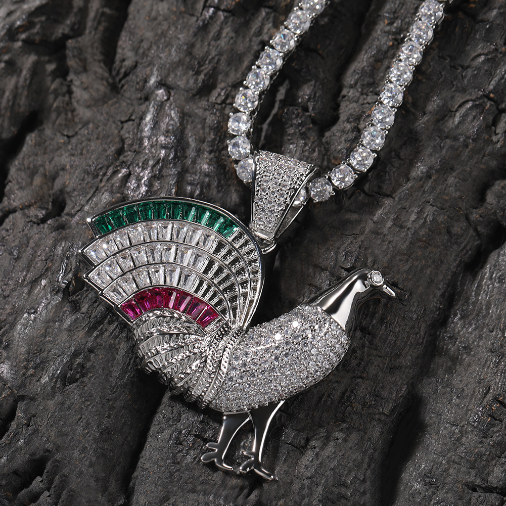 Hip Hop Rooster Cock Pendant Necklace 5A T Zircon Real Gold Plated Mens Jewelry