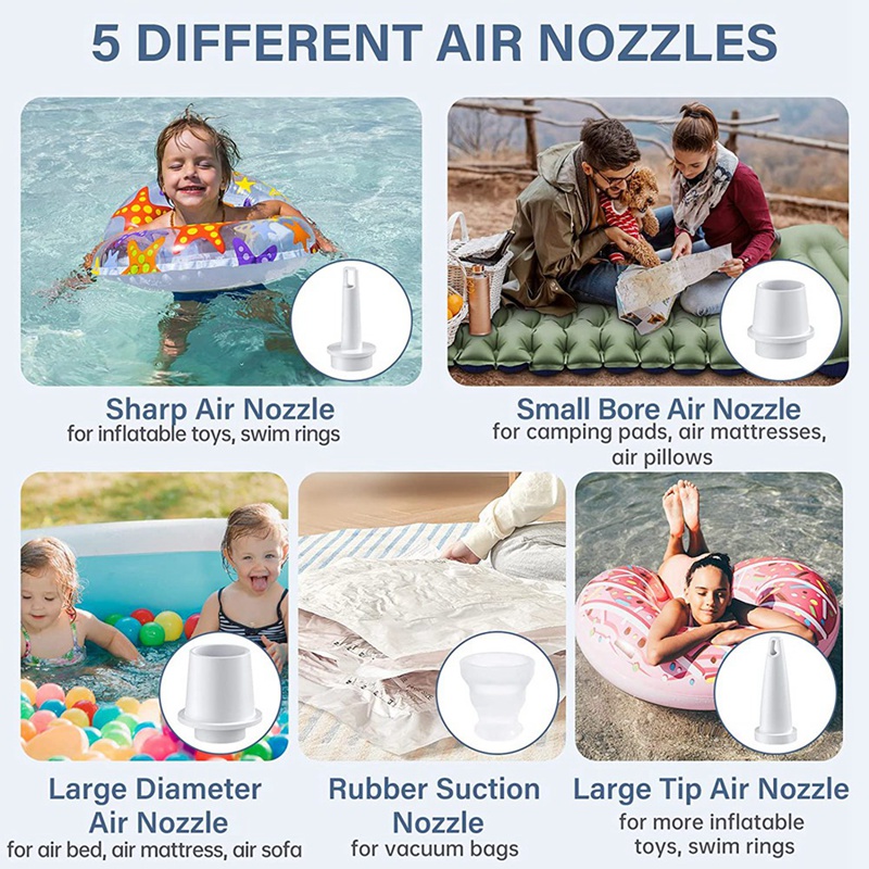 White Air Pump USB Rechargeable Air Pump Inflate Deflate With Nozzles For Air Mattress, Pool Toys, Floats, Air Bed