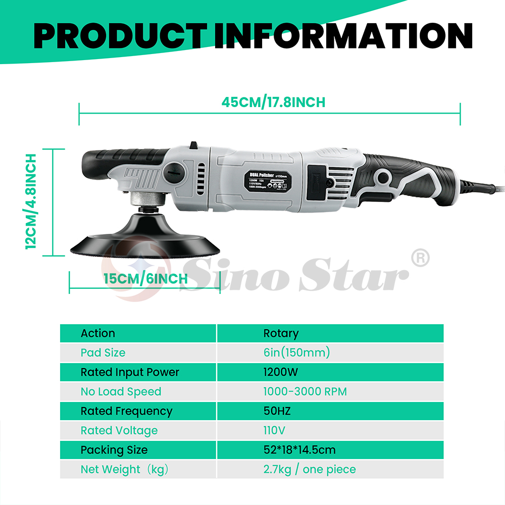 Car Buffer Polisher Machine For Detailing 6 Variable Speeds 1200W 3000RPM RO Polisher with D-Handle&Side Handle 6 Inch Plate