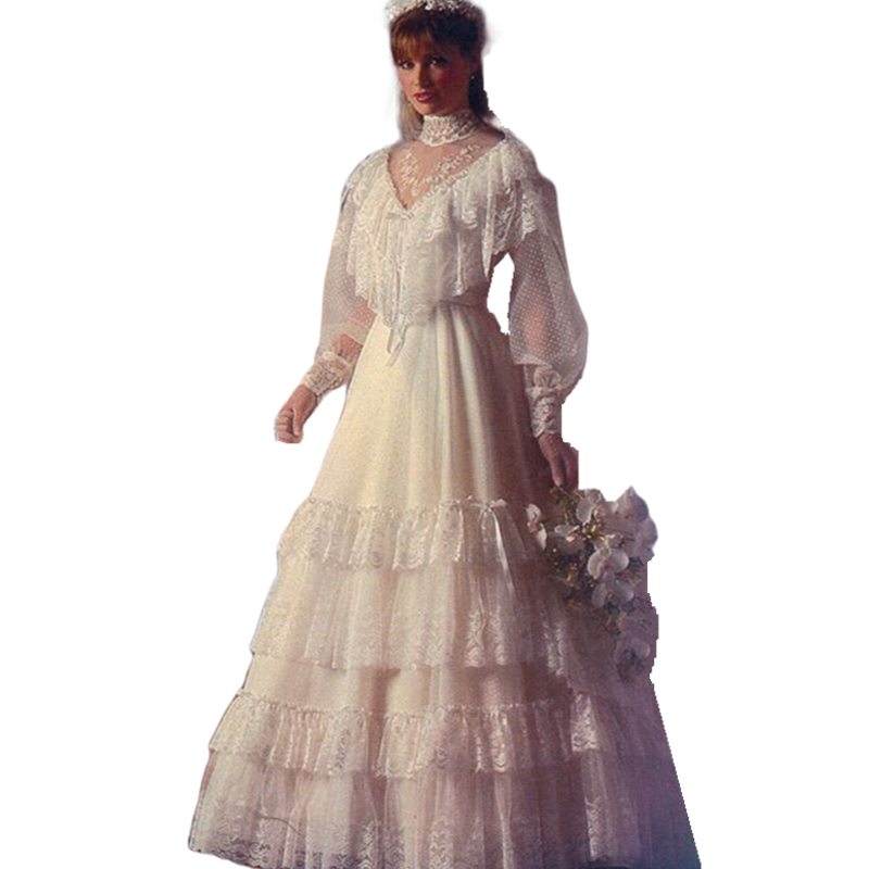 Vintage A Line Wedding Dresses Ruffles Tiered High Neck Long Sleeves Vctorian Wedding Gown Lace Appliques Long Tulle Bridal Dress 2024