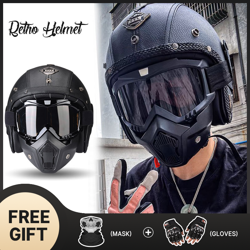 PU Leather Retro Vintage Motorbike 3/4 Open Face Casco Moto Helmet Motorcycle Helmets With Goggle Mask For Adult
