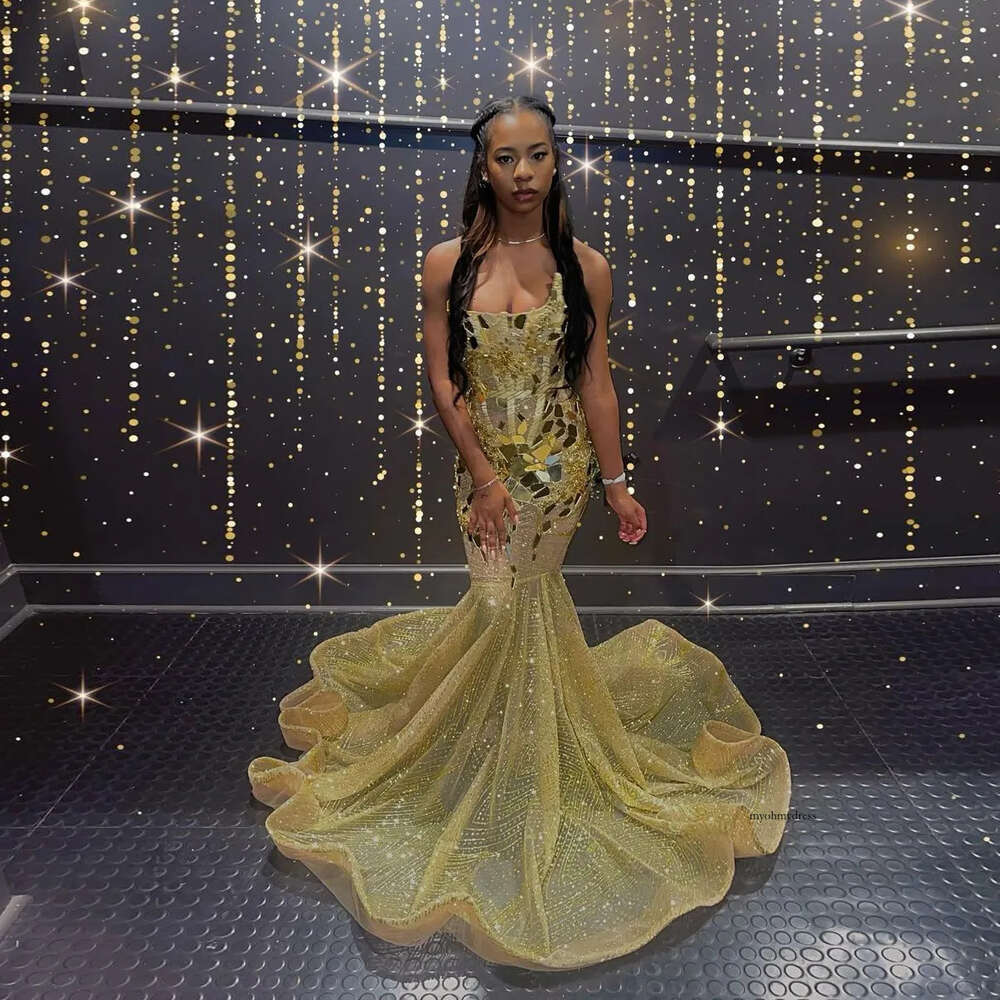 Sparkly Gold Sequin Mermaid Prom Dress Strapless Graduation Party Gown